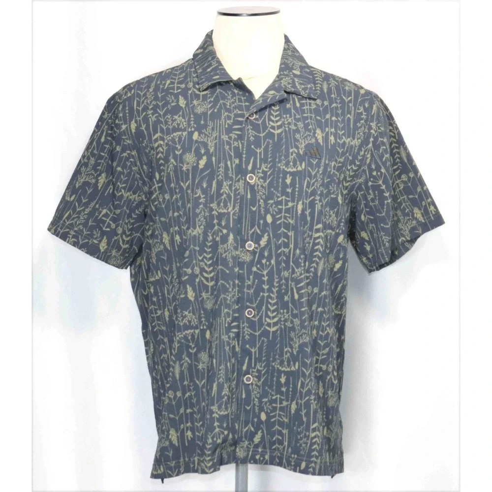 Adidas Go-To Camp Shirt Blue‎ Beige Button Front Short Sleeve Mens Size Large